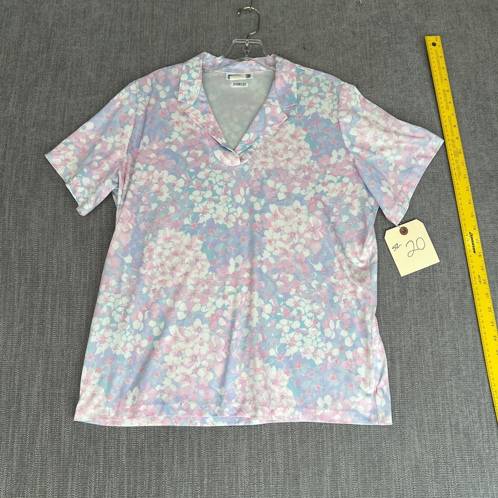 Vintage Frayne Polo Shirt Women M Blue Pink Floral Pastel Short Sleeve Pullover
